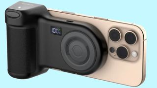 Belkin Stage Power Grip attached to iPhone