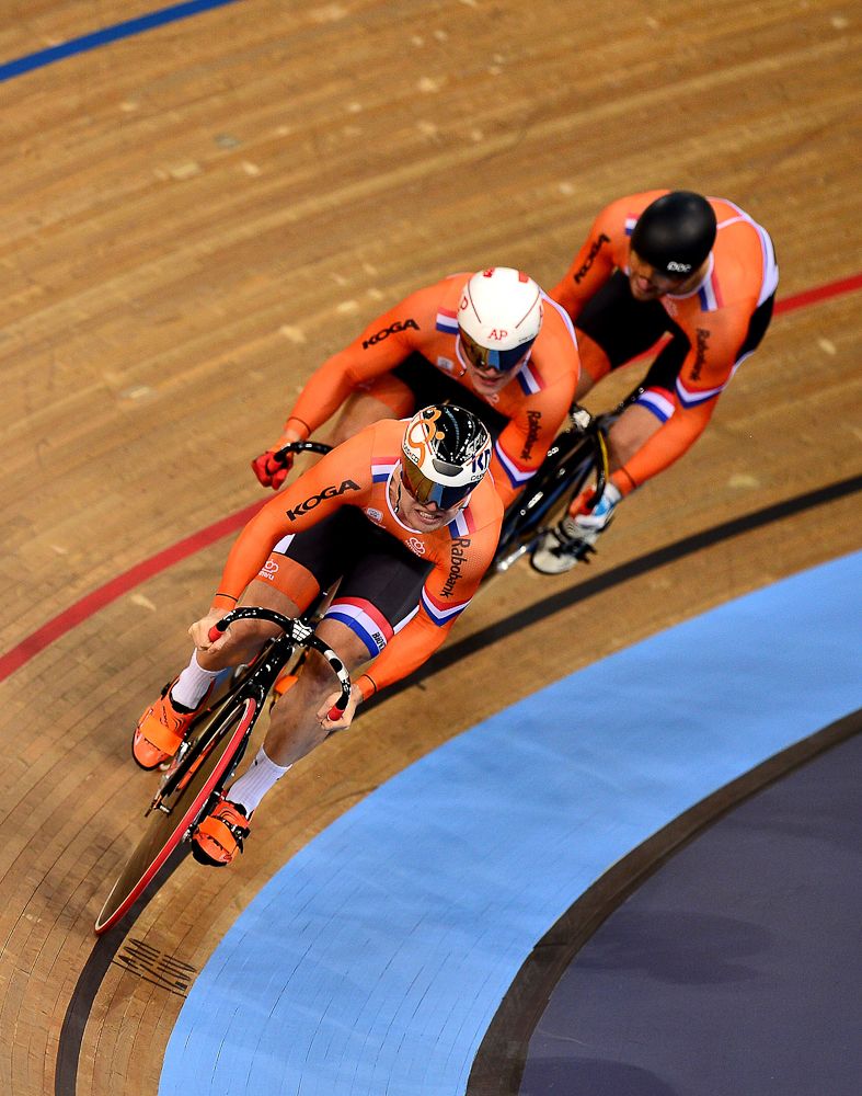 The Dutch team compete in the Men's Team Sprint qualification round during the UCI Track Cycling World Championships