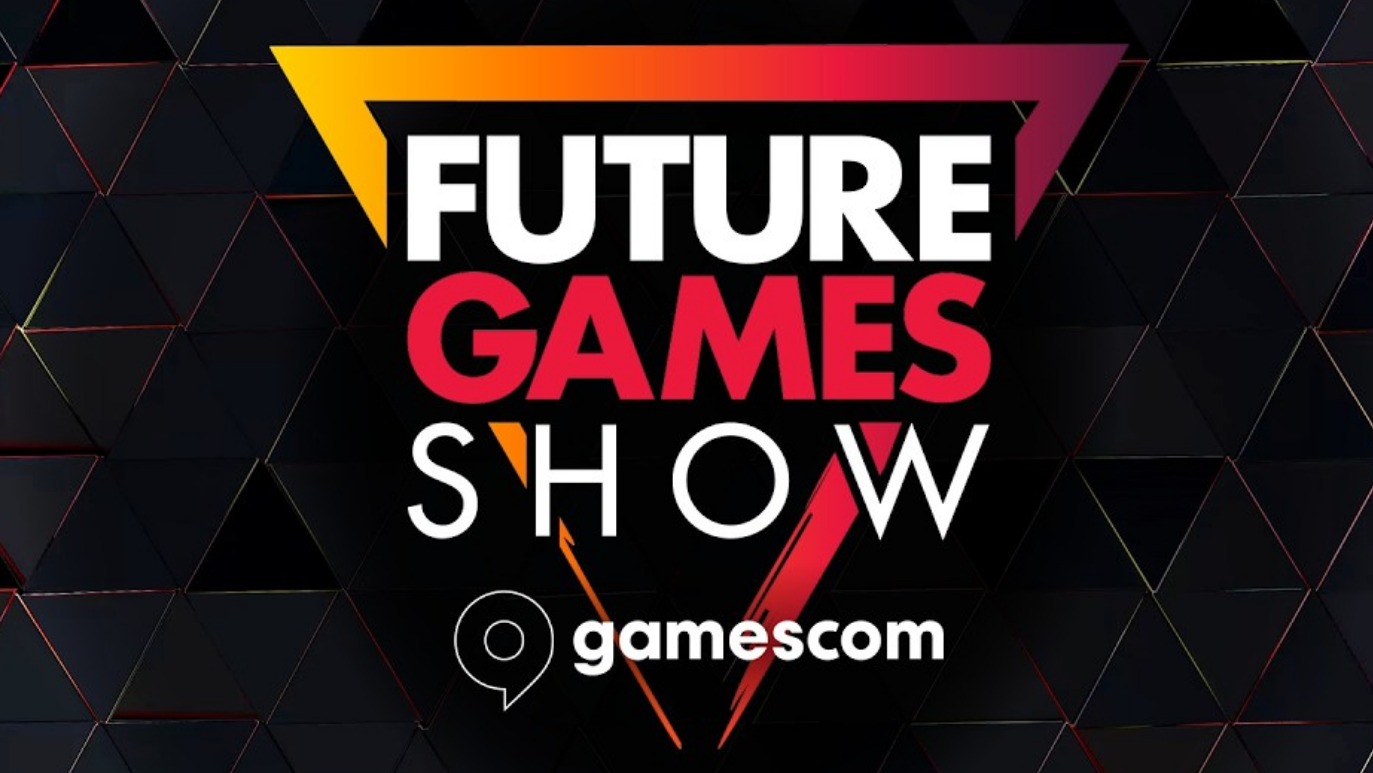 The words 'Future Games Show @ Gamescom' are displayed in stylised fonts on a metallic grey background with an upside-down yellow triangle in the middle.