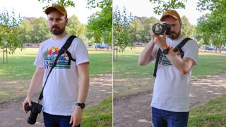 A man wearing the BlackRapid Blackline I Right Sling in a park