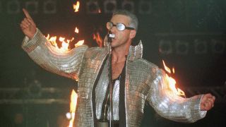 Till Lindemann aflame onstage in 1996 wearing his fire coat