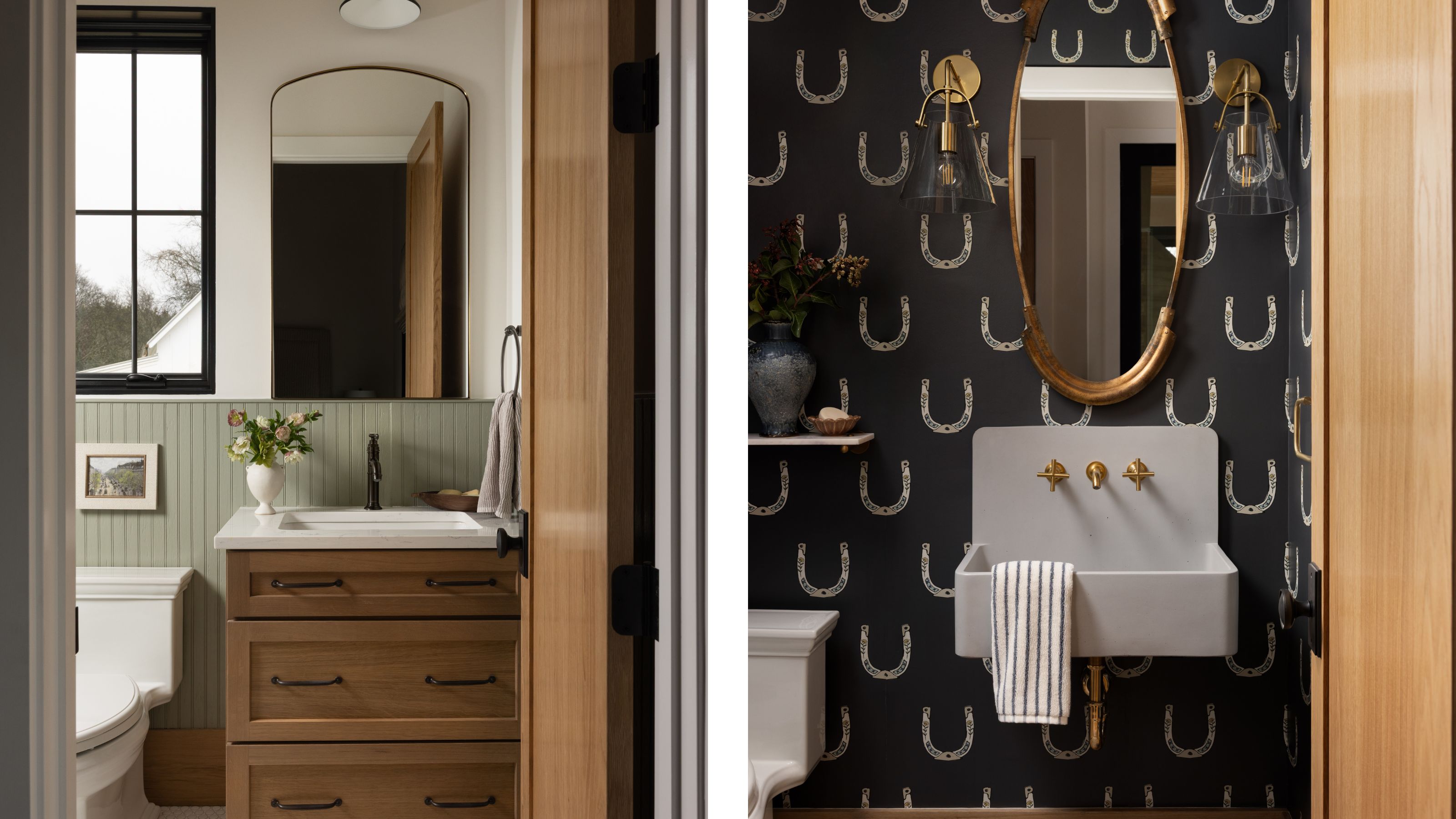 Side-by-side view of two bathrooms, showing a light green wainscoted vanity room on the left and a powder room with dark horseshoe wallpaper on the right.