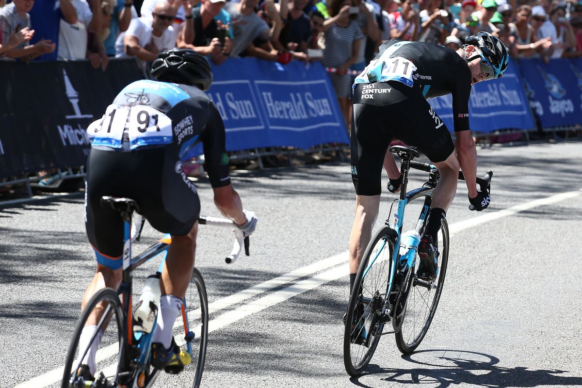 Chris Froome riding away from Joe Cooper (Avanti)