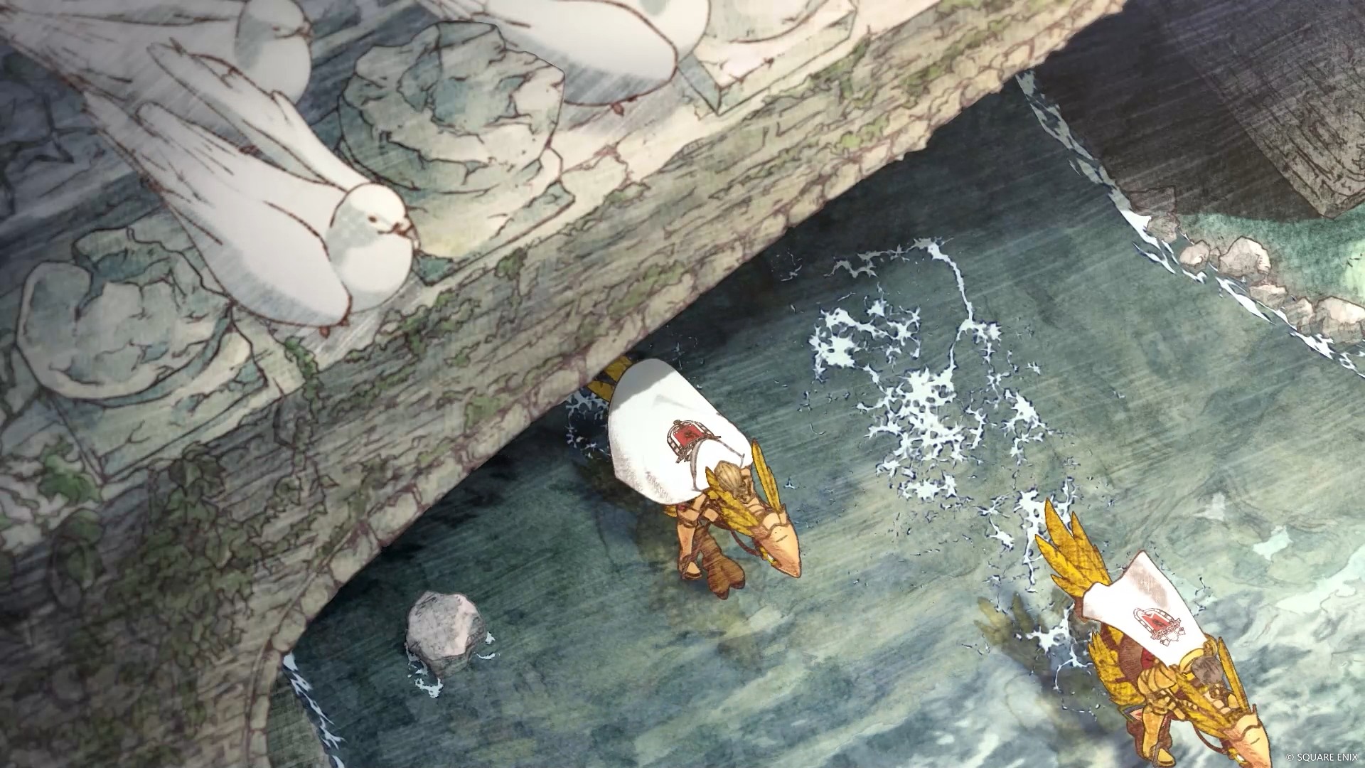 Two knights riding Chocobos in Final Fantasy Tactics race under a bridge