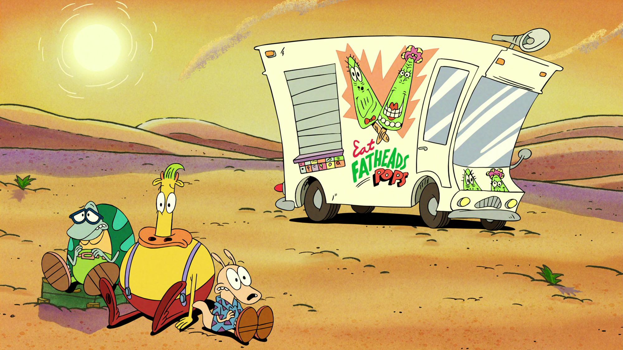 Filburt, Heffer and Rocko sitting in a desert in front of Fatheads pops truck in Rocko's Modern Life: Static Cling, one of the best family movies on Netflix