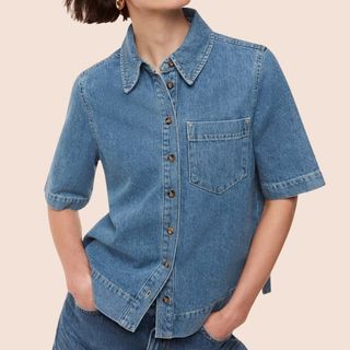 Image of woman wearing denim shirt 