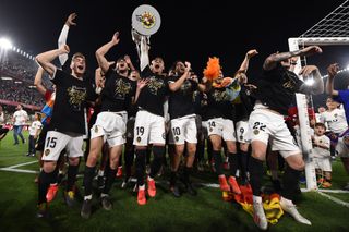 Valencia players celebrate their Copa del Rey final win over Barcelona in May 2019.