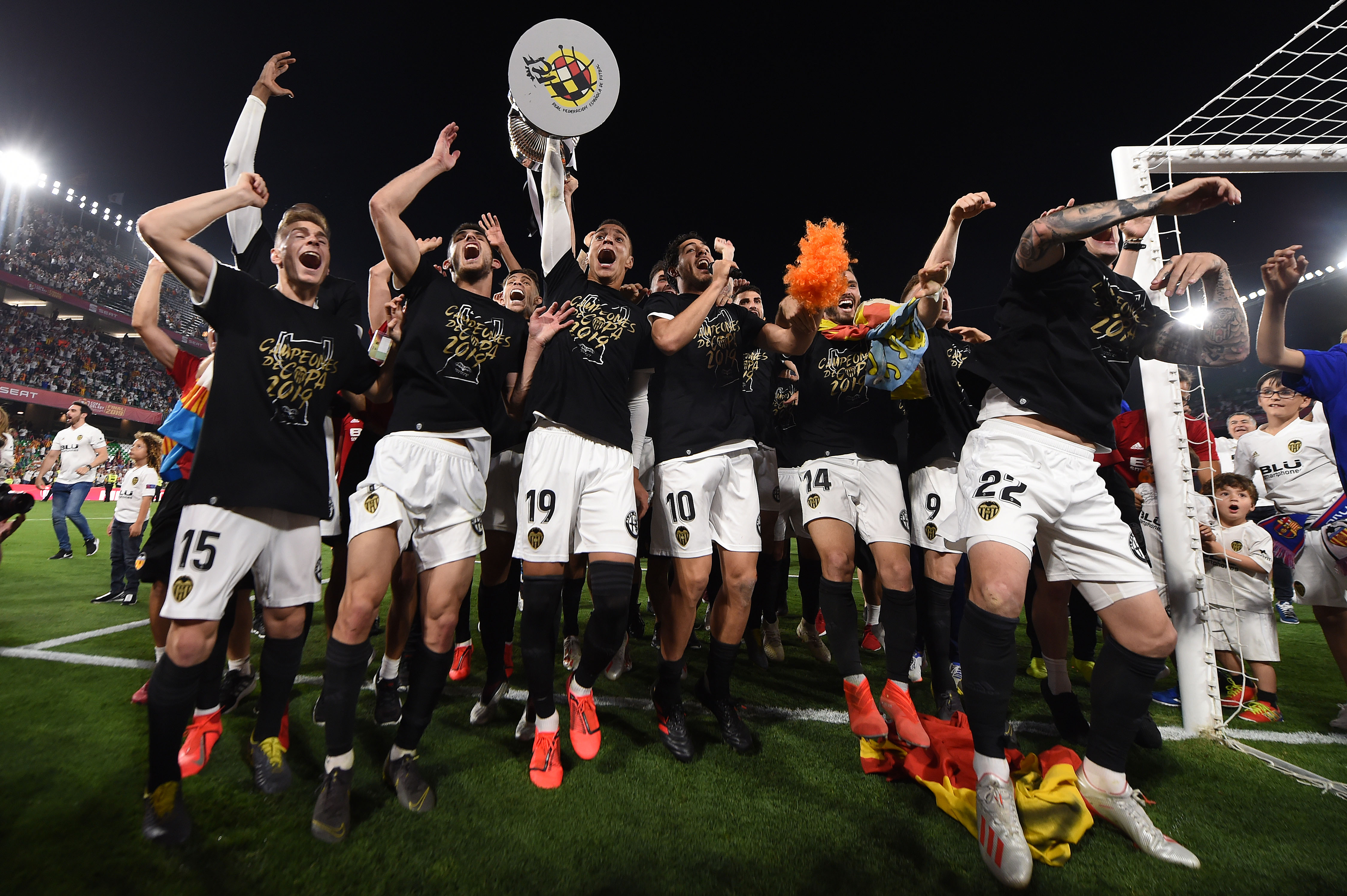 Valencia players celebrate their Copa del Rey final win over Barcelona in May 2019.