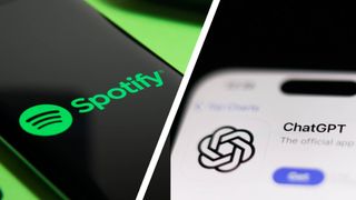 Spotify on a mobile device next to ChatGPT on a mobile device 