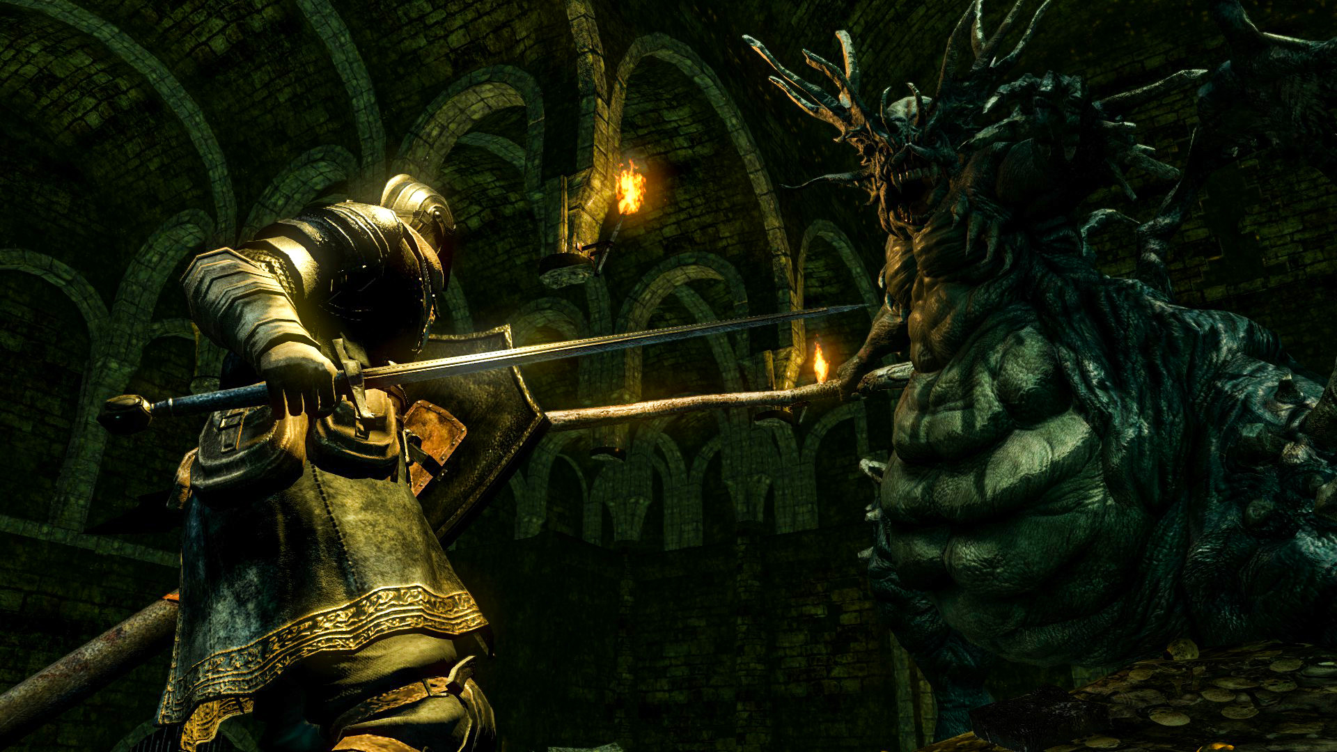 A player getting redy to fight a monster with a sword during the RPG, Dark Souls Remastered.