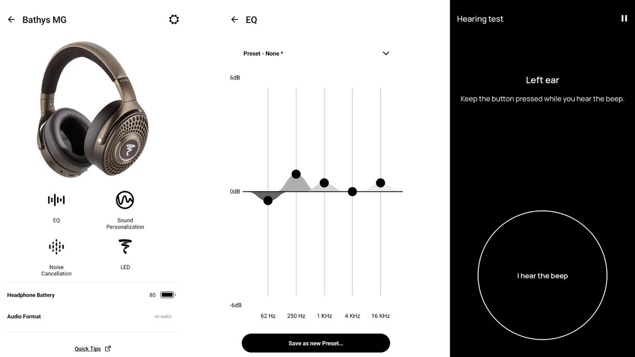 Screenshots of Naim Focal app showing home screen, EQ screen and hearing test