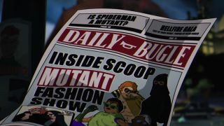 Newspaper front page with Spider-Man Easter eggs on it in X-Men '97.