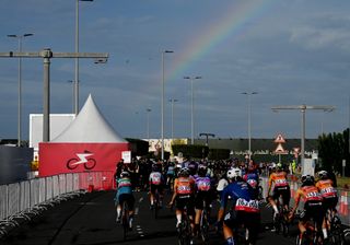 ABU DHABI, UNITED ARAB EMIRATES - FEBRUARY 11: A general view of the peloton after the 2nd UAE Tour 2024, Stage 4 a 105km stage from Louvre Abu Dhabi Museum to Abu Dhabi Breakwater / #UCIWWT / on February 11, 2024 in Abu Dhabi, United Arab Emirates. (Photo by Dario Belingheri/Getty Images)