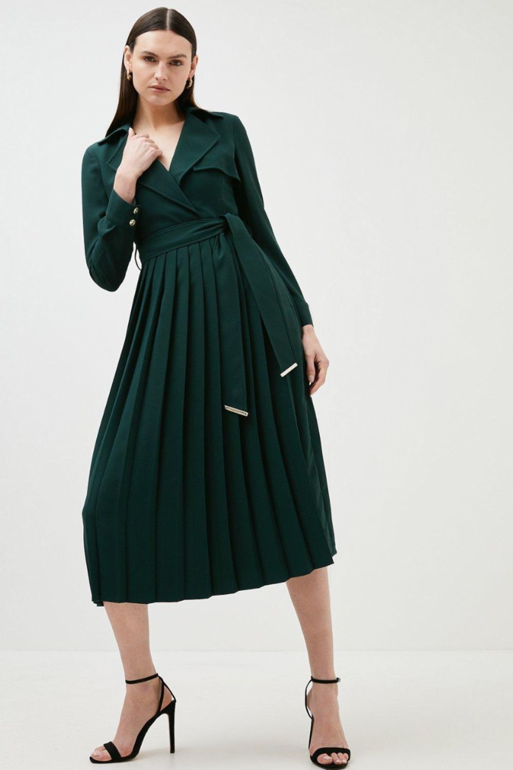 Karen Millen Long Sleeve Woven Pleated Midi Trench Dress