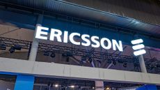 Ericsson logo and branding pictured at the company's vendor stall at Mobile World Congress in Barcelona.