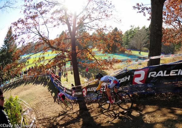Crystal Anthony (Cyclocrossworld.com) leading Arley Kemmerer on the descent
