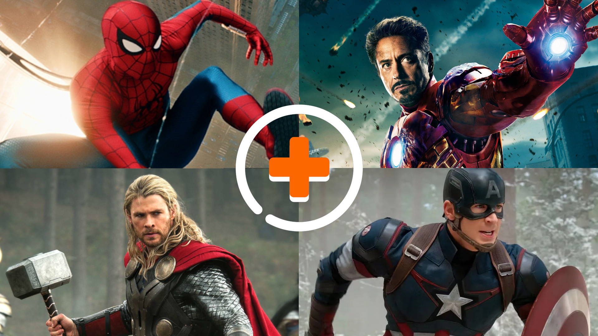 How to watch the Marvel movies in order: Four pictures of Spider-Man, Thor, Iron Man and Capatin America with a plus sign in the middle. 