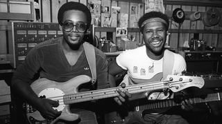 Bassist Bernard Edwards and Guitarist Nile Rodgers, both of the group Chic, in a recording studio, New York, New York, July 29, 1981.