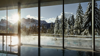 The spa at Forestis Dolomites with view of the forest and mountains