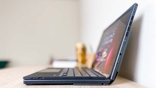 Asus Zenbook 17 Fold OLED review unit with righthand side facing camera, showing ports