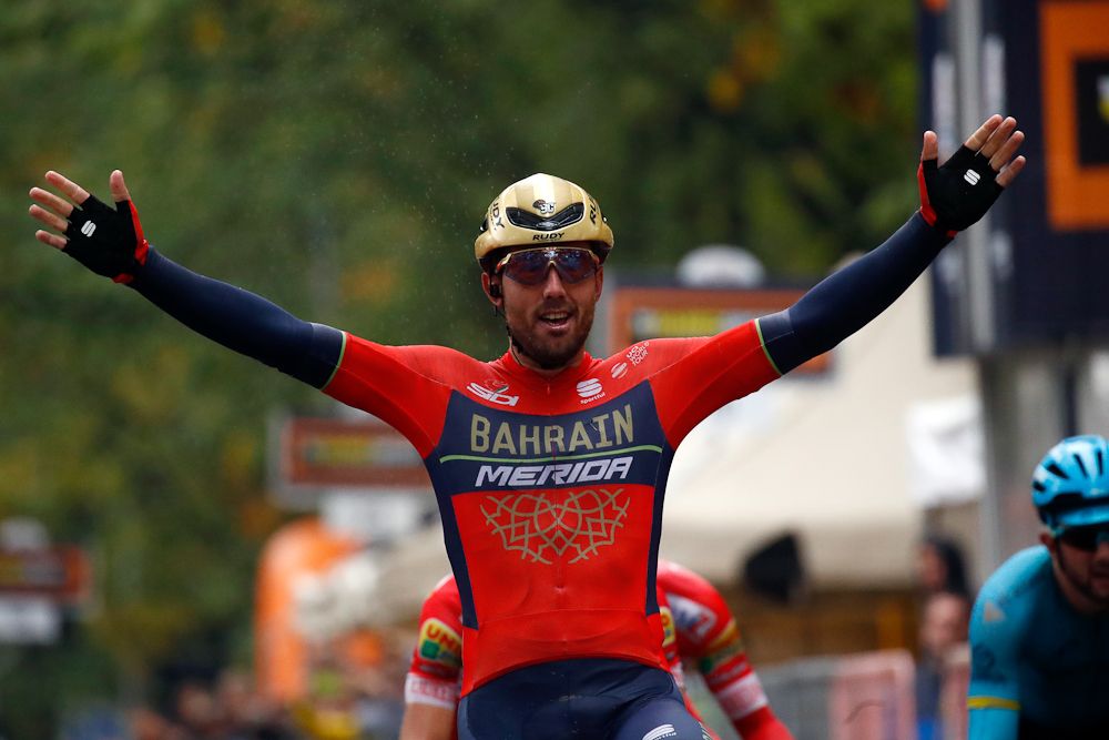 Sonny Colbrelli celebrates his win in the 2018 Gran Piemonte