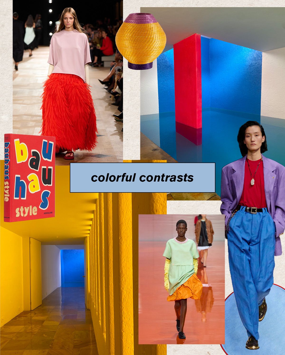 A collage of runway looks and home decor pieces with text saying "colorful contrasts."
