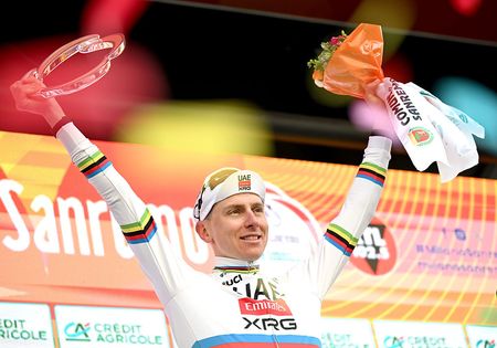 SANREMO, ITALY - MARCH 21: Tadej Pogacar of Slovenia and UAE Team Emirates - XRG celebrates at podium as race winner during the 117th Milano-Sanremo 2026, Men's Elite a 298km one day race from Pavia to Sanremo / #UCIWT / on March 21, 2026 in Sanremo, Italy. (Photo by Dario Belingheri/Getty Images)