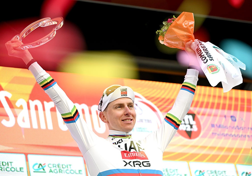 SANREMO, ITALY - MARCH 21: Tadej Pogacar of Slovenia and UAE Team Emirates - XRG celebrates at podium as race winner during the 117th Milano-Sanremo 2026, Men's Elite a 298km one day race from Pavia to Sanremo / #UCIWT / on March 21, 2026 in Sanremo, Italy. (Photo by Dario Belingheri/Getty Images)