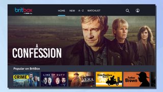 A screenshot of the Britbox app interface on a Samsung smart TV, against a blue background