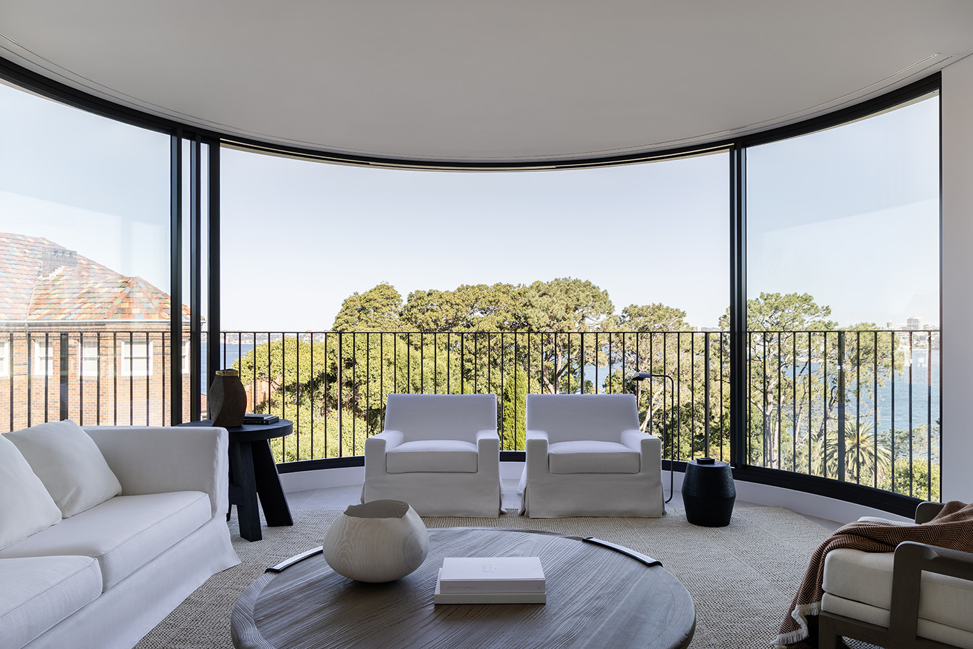 interiors and vistas at Sydney penthouse, a minimalist space in grey and white colours