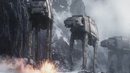 Three AT-ATs firing at Mando.