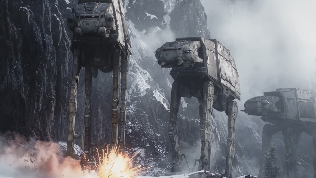 Three AT-ATs firing at Mando.