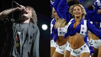 Gerard Way of My Chemical Romance performing onstage and the Dallas Cowboys Cheerleaders performing at a NFL game