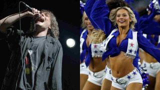 Gerard Way of My Chemical Romance performing onstage and the Dallas Cowboys Cheerleaders performing at a NFL game