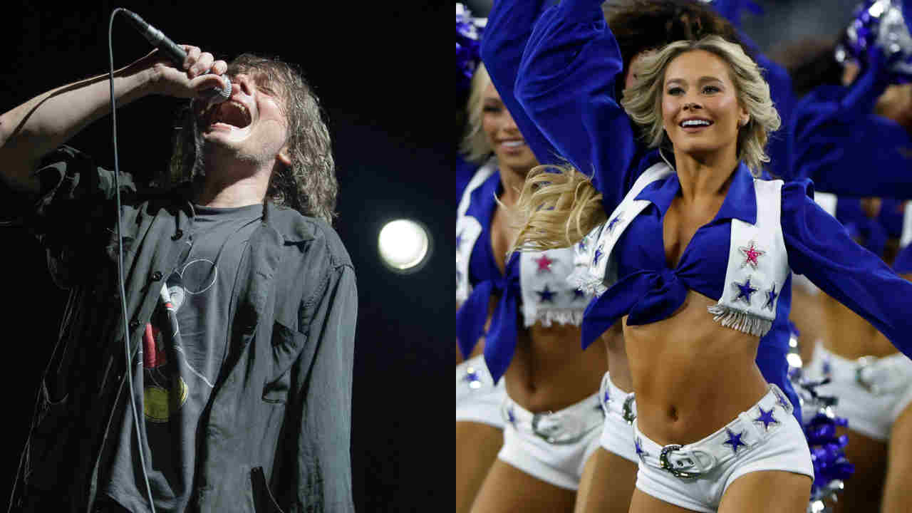 Gerard Way of My Chemical Romance performing onstage and the Dallas Cowboys Cheerleaders performing at a NFL game