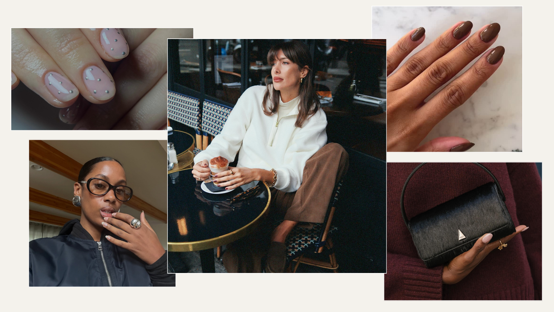 A collage with photos of close-ups of manicures and influencers