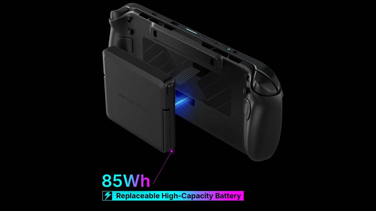 OneXPlayer X2 Mini with detachable battery and text that reads "85Wh Replaceable High-Capacity Battery"