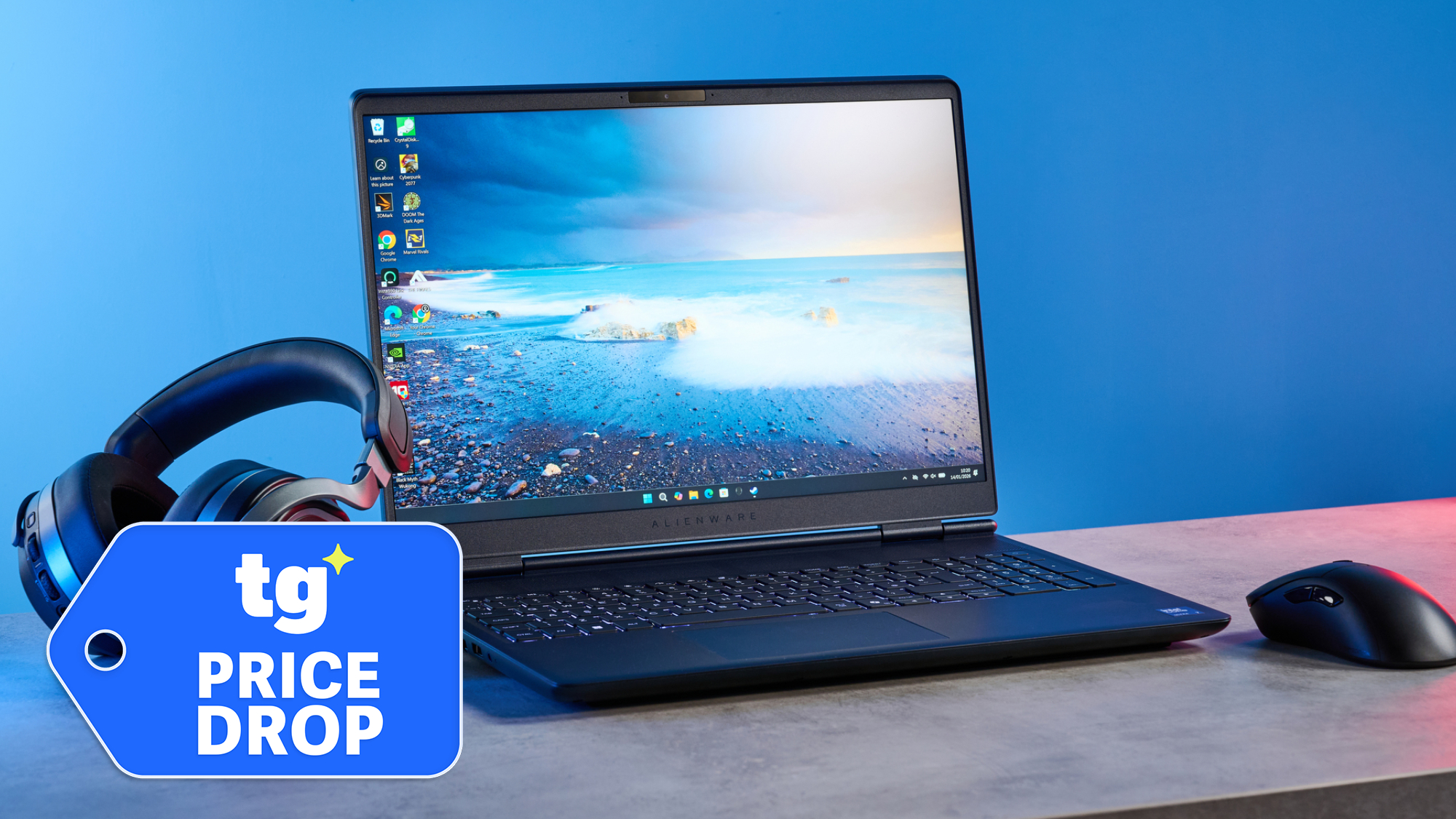 Alienware 16X Aurora shown with headphones and mouse