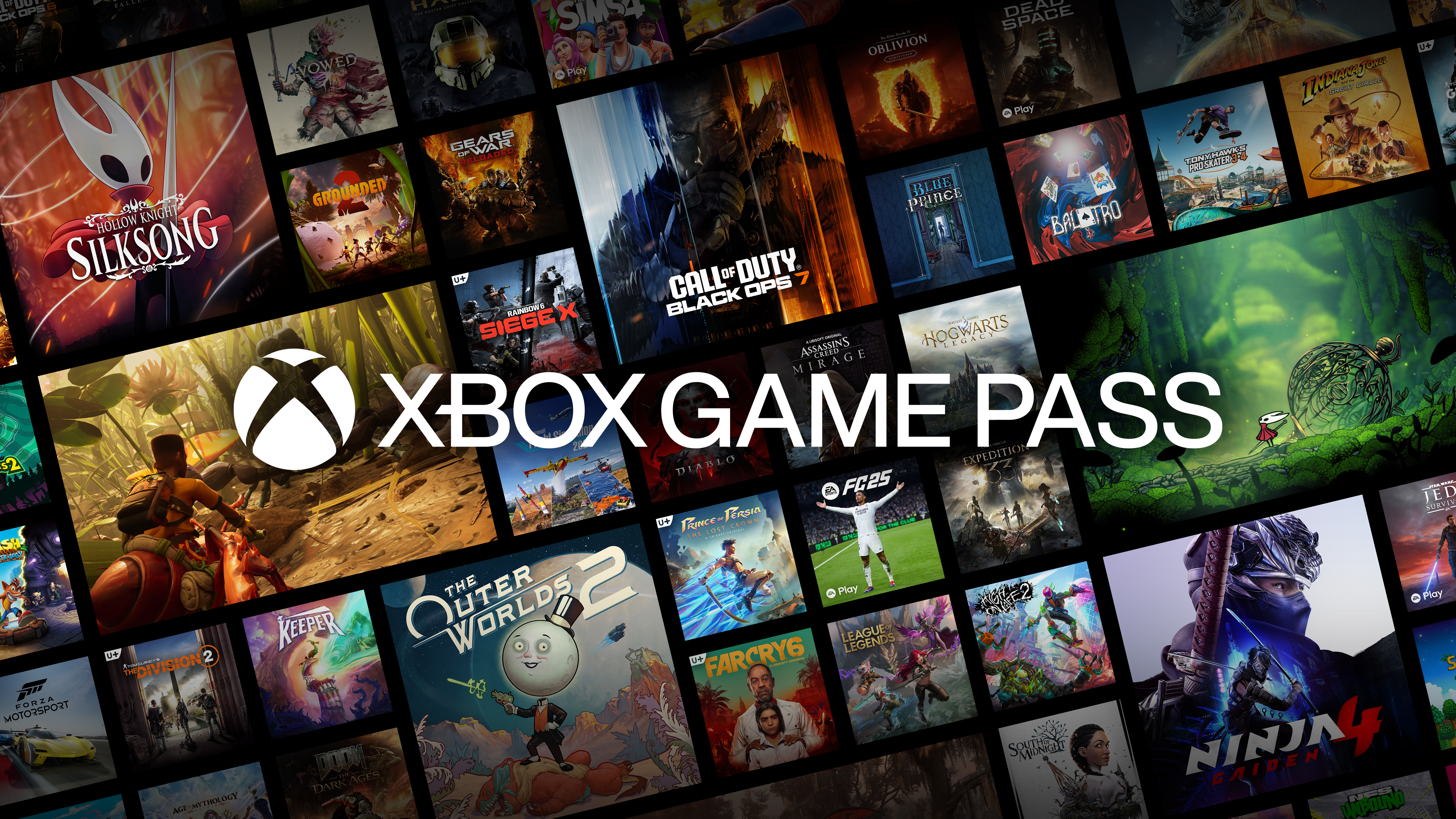 The Xbox Game Pass logo with a huge range of the games available as the tiled background