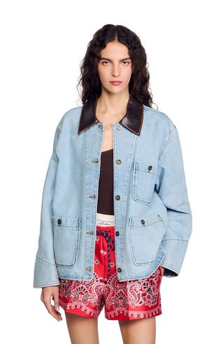 Denim Jacket With Leather Collar