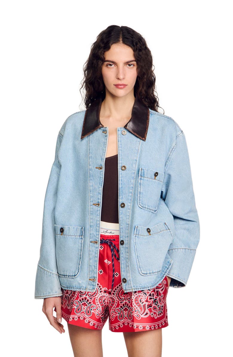 Jeans jacket with leather collar