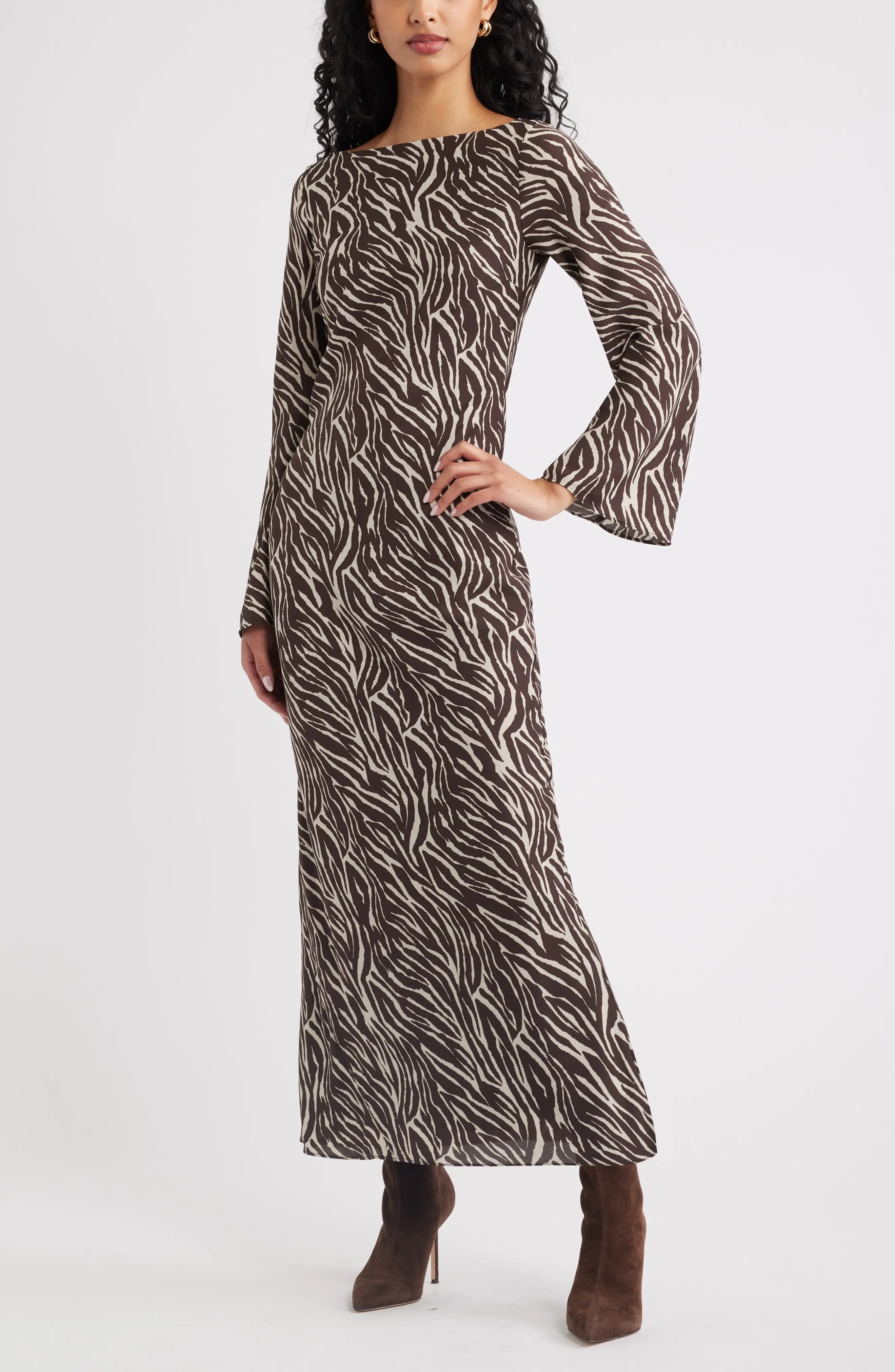 Print Long Sleeve Drape Back Dress