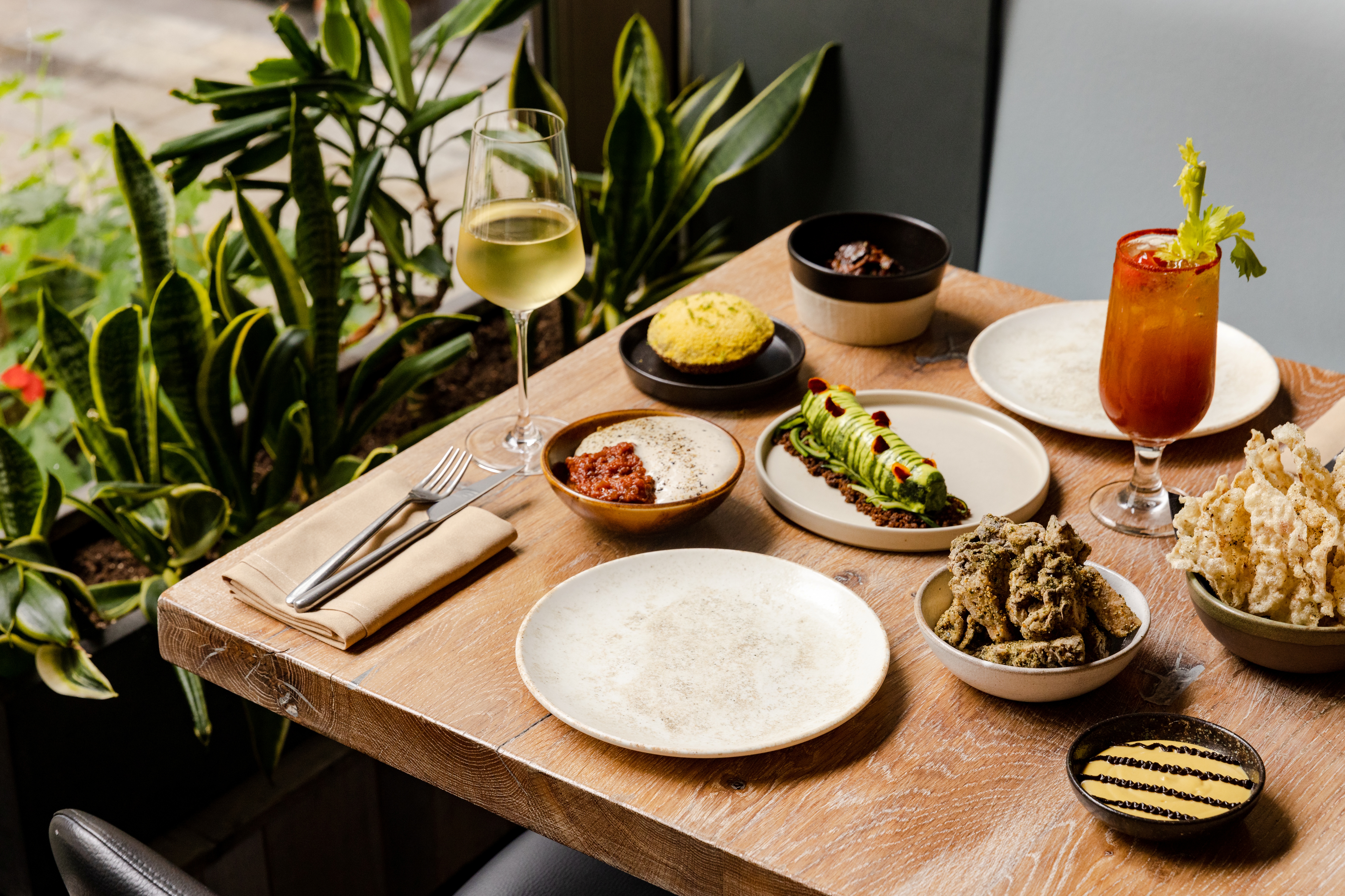 A pale wood table covered in multiple sharing platters filled with colorful food and drinks is placed next to a series of indoor plants.
