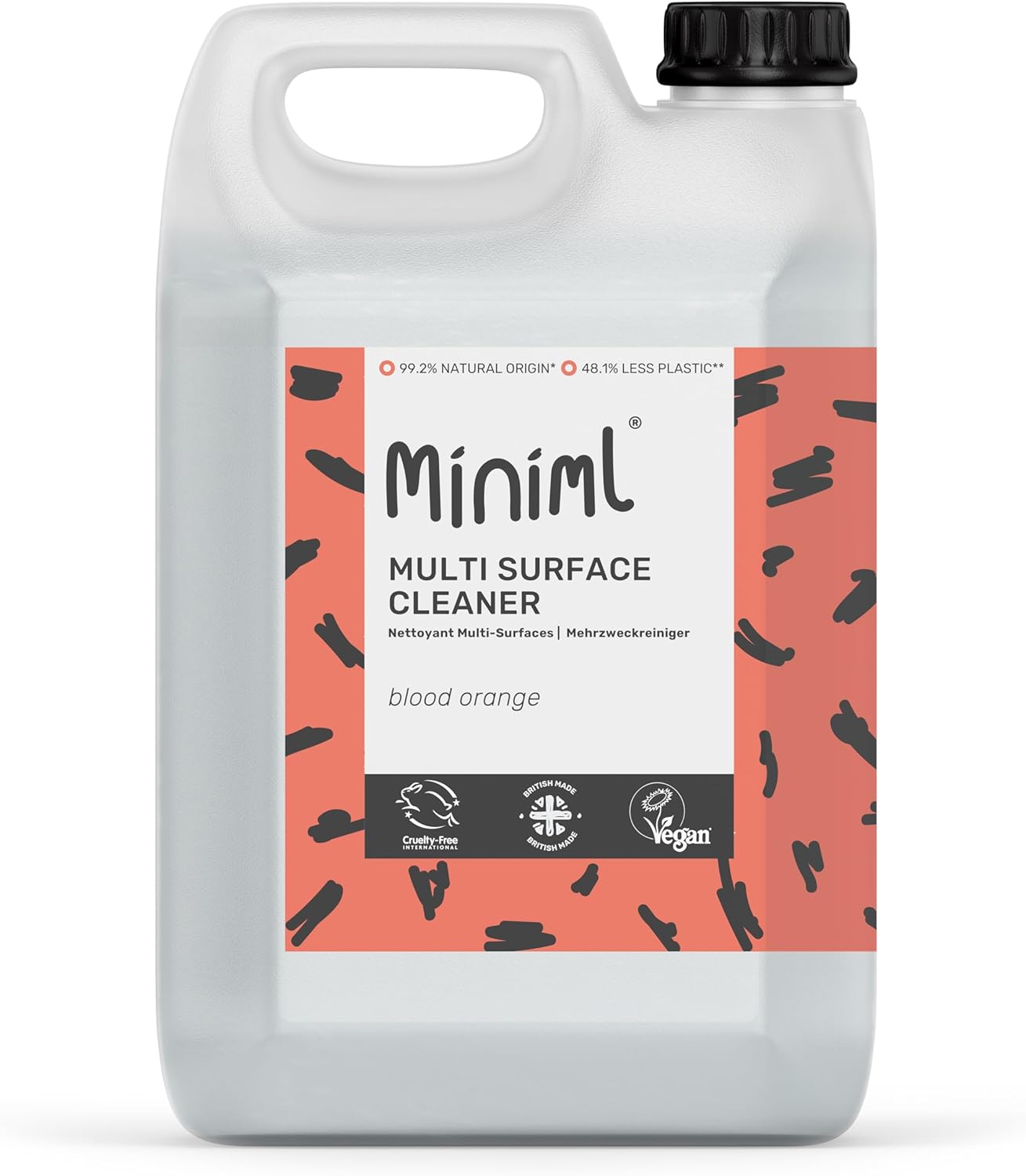 Miniml Eco Multi Surface Cleaner General Purpose Spray 5l Refill &amp;ndash; Blood Orange Scented for Cleaning All Surfaces Floors Walls Glass Kitchen Bathroom - Natural Plant Based Vegan Formula &amp;amp; Cruelty Free