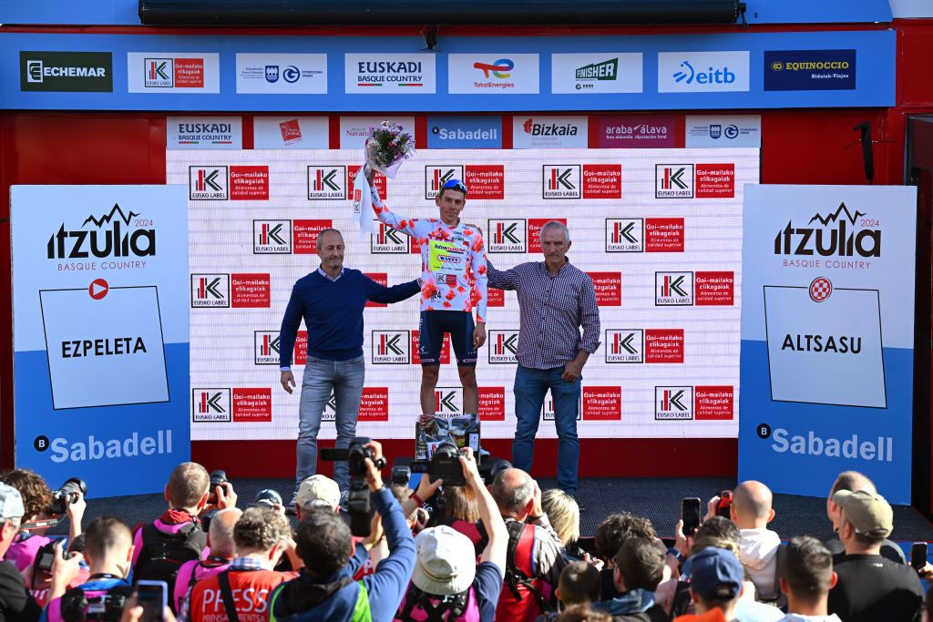 ALTSASU SPAIN APRIL 03 Louis Meintjes of South Africa and Team Intermarche Wanty celebrates at podium as Polka dot Mountain Jersey winner competes during the 63rd Itzulia Basque Country 2024 Stage 3 a 1909km stage from Ezpeleta to Altsasu 526m UCIWT on April 03 2024 in Altsasu Spain Photo by Tim de WaeleGetty Images