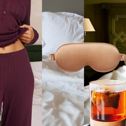collage of beds with girl in pajamas, sleep mask, and tea
