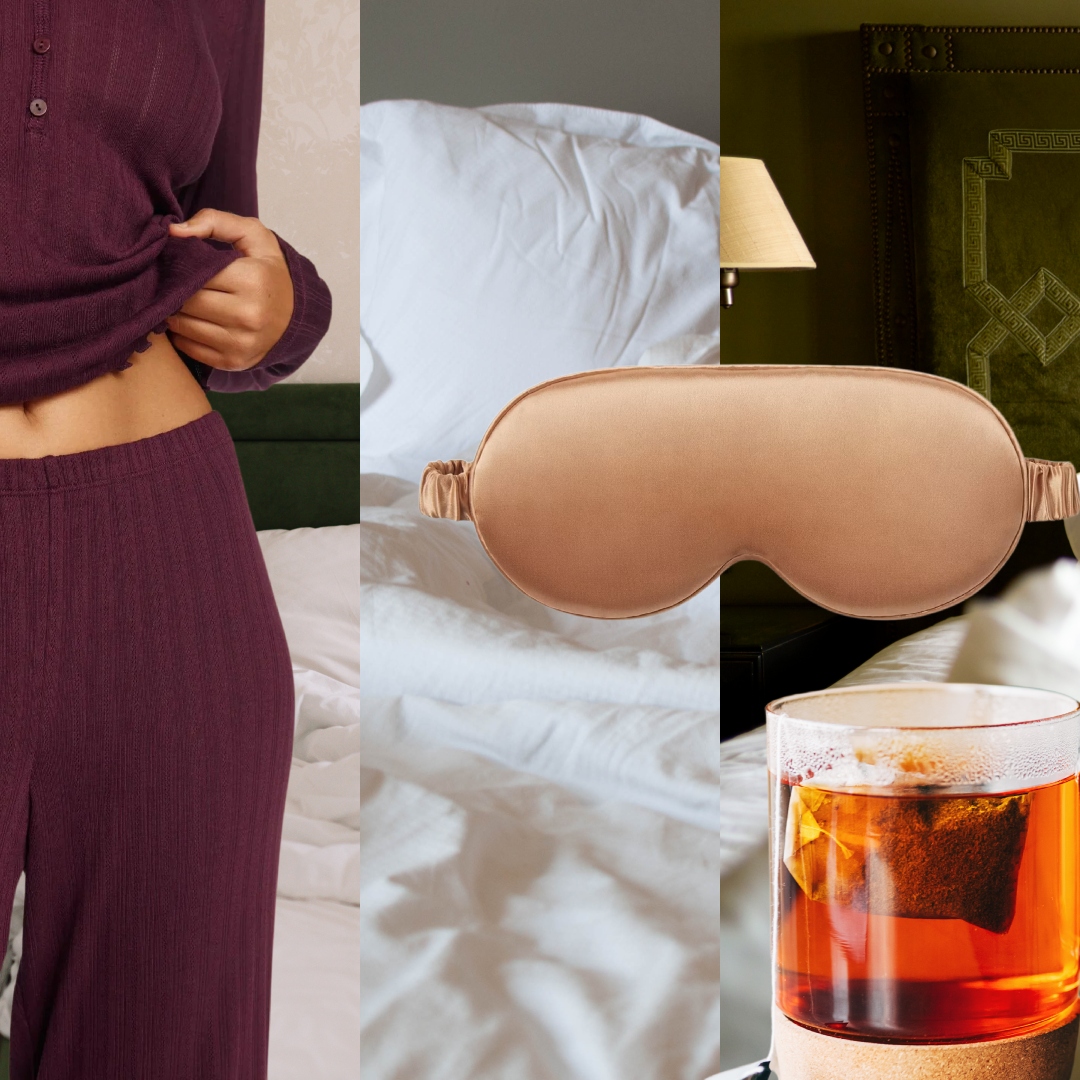 collage of beds with girl in pajamas, sleep mask, and tea