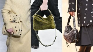 A composite of models on the runway showing fall/winter handbag trends 2023 furry bags