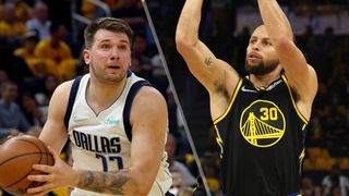 Luka Doncic #77 (Left) thinking about shooting and Stephen Curry #30 (right) shooting
