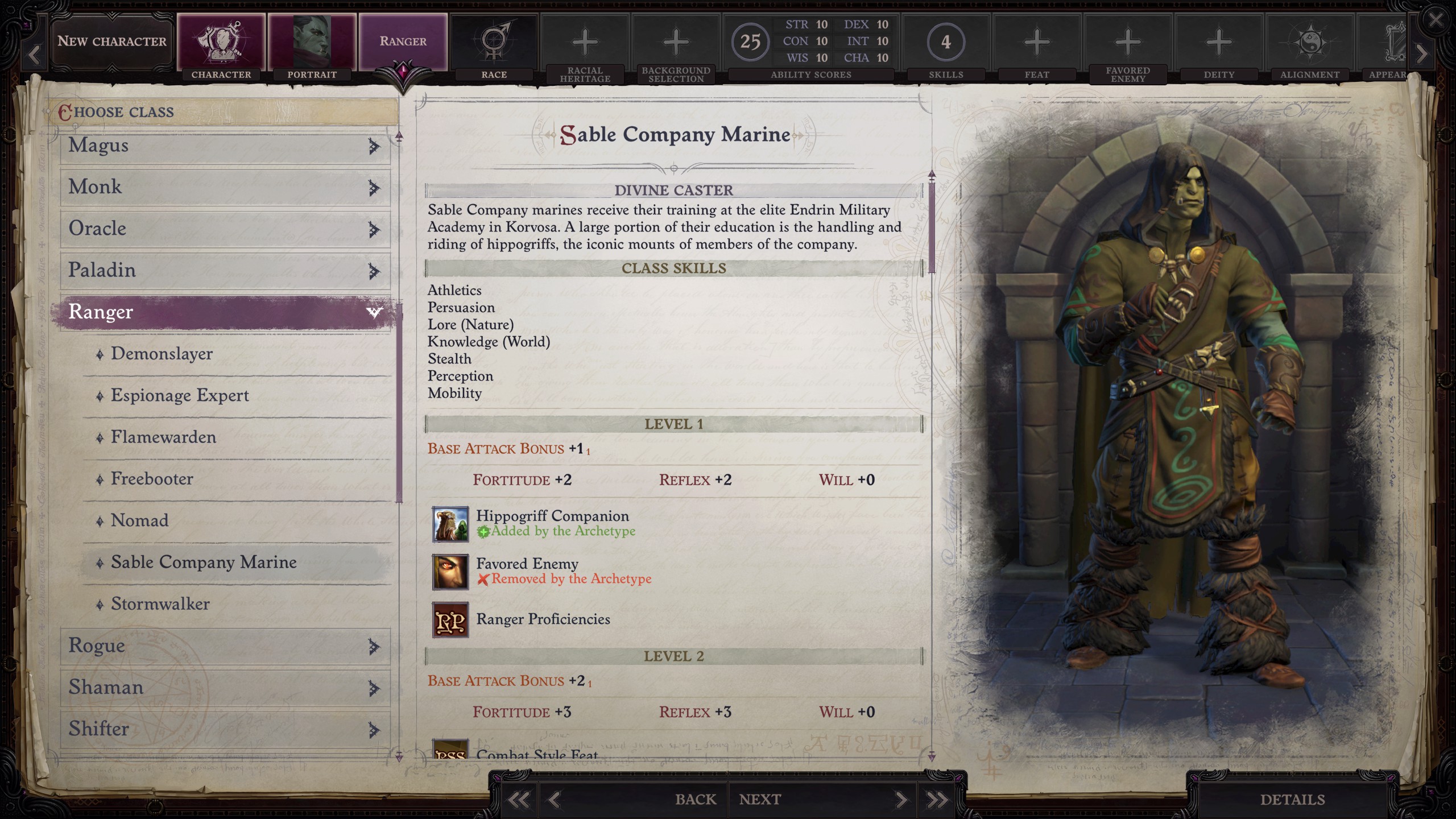 Pathfinder character creation screen showing Orc Ranger with Sable Company Marine subclass.